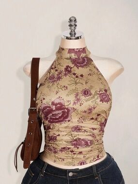Beige Rose Floral Halter Top pink maybe print tan tank sleeveless